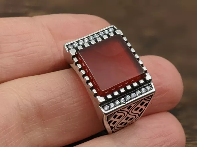 Turkish Ottoman Mens Ring Size 9.75 925 Sterling Silver Red Agate