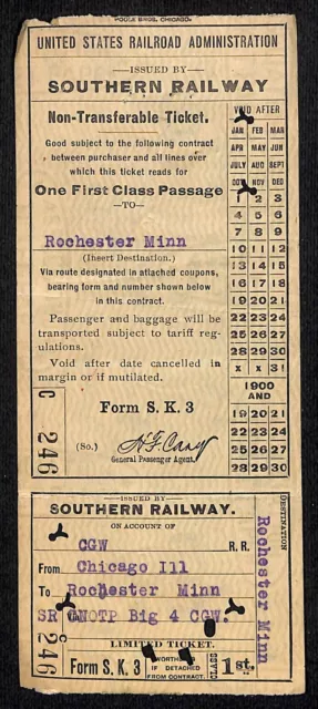 Southern Railway Railroad Ticket / USRA* 1921 #246 Chicago to Rochester, MN