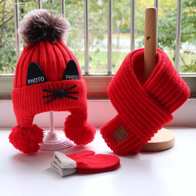 Bellissimi guanti sciarpa berretto lana lavorata a maglia spessa modello gatto bambini