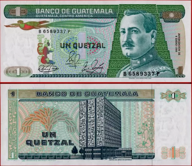 Guatemala 1 QUETZAL P-66 1989 Guatemalan BIRD TEMPLE UNC World Currency NOTE