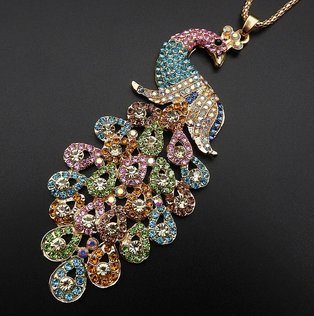 Betsey Johnson Multi-Color Crystal Rhinestone Peacock Pendant Sweater Necklace