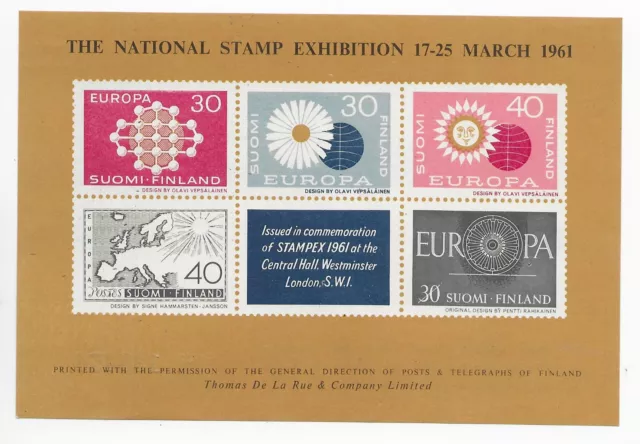 1961 Finland Suomi Special Sheet EUROPA National Stamp Exhibition STAMPEX 1961