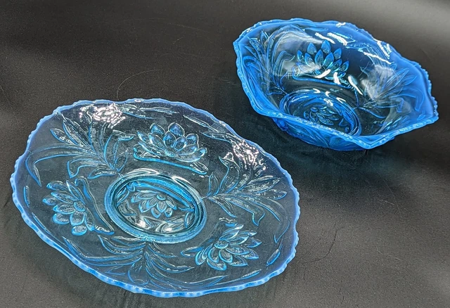 NORTHWOOD &CO. blue OPALESCENT 9 " bowl & dish WATER LILY & CATTAIL c 1905 (D7)
