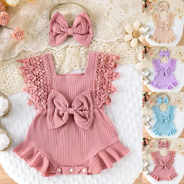 2PCS Newborn Baby Girls Lace Ribbed Bodysuit Romper Headband Outfit Clothes Set