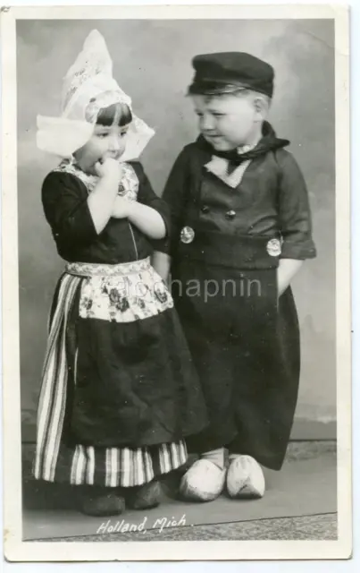 Cute Kids Boy Girl in Dutch Costumes HOLLAND MICHIGAN MI Vtg Real Photo Postcard