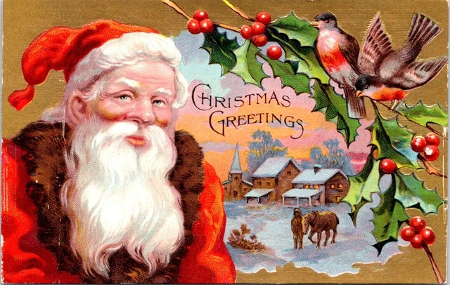 SANTA, Holly and Birds, CHRISTMAS Greetings Postcard, Xmas - Santa Claus Series