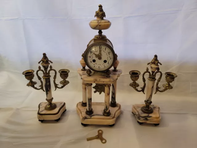 Antique French 3-piece Marble and Gilt Bronze Mantel Clock With Candelabra 1800s