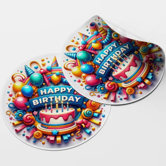Happy Birthday 8 Circle Stickers - 25mm - 35mm - 50mm - 60mm Matte or Gloss