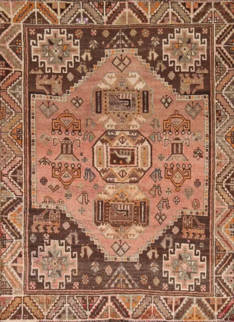 Vintage Pink/ Dark Brown Kashkoli/ Abadeh Tribal Wool Handmade Area Rug 4'x5'
