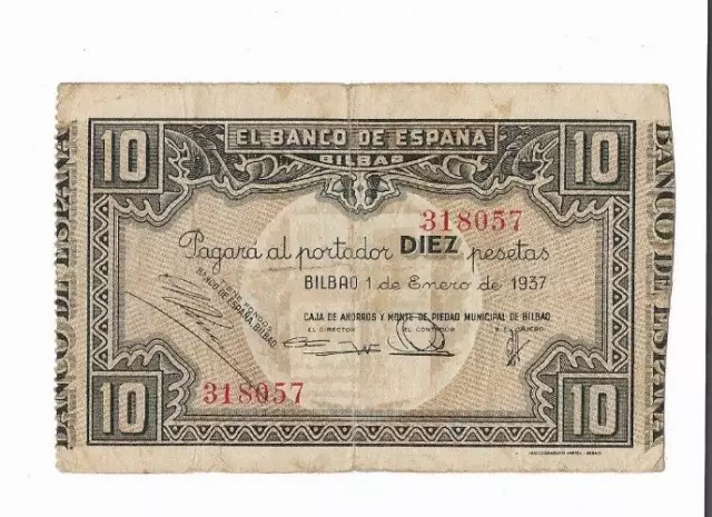 España: 10 Pesetas Banco De Bilbao. Año 1937. Sin Serie. Rc+. Ideal Y Escaso.