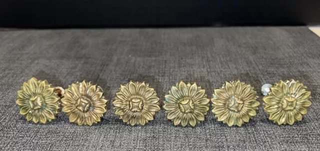 Lot of 6 Vintage Heavy 1 3/8”Brass Floral / Sunflower Drawer Pulls Cabinet Knobs