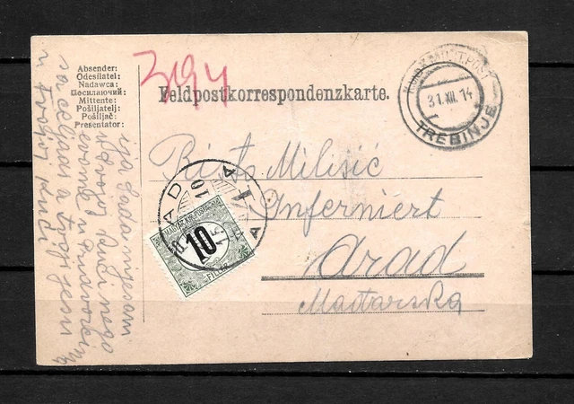 BOSNIA feldpost postcard TREBINJE 31/12/1914 to ARAD Hungary 10f black PD stp