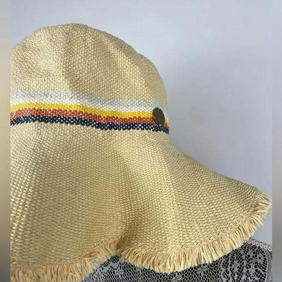 Rip Curl Yellow Woven Paper Straw Floppy Sun Hat with Retro Stripes SIZE S 2