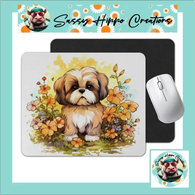 Mouse Pad Shih Tzu Dog Watercolor Flowers Sublimate Anti Slip Back Easy Clean