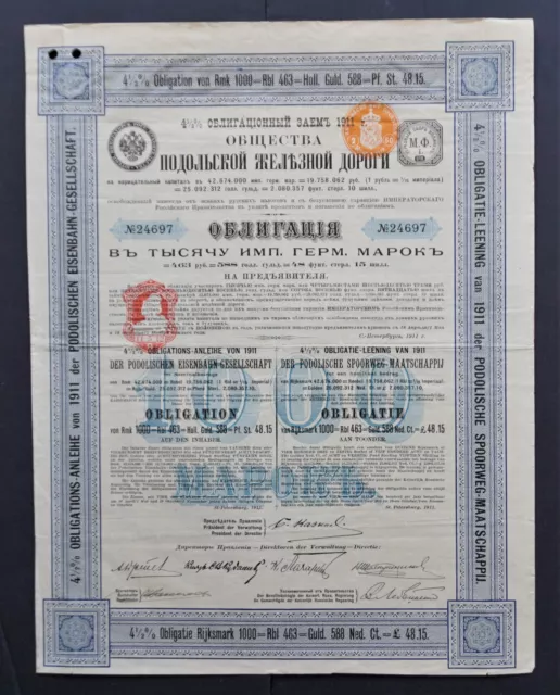 Russia - Podolisch Railroad Co. - 1911 - 4,5% bond for 1000 mark