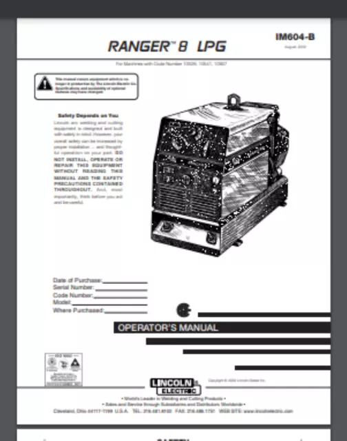 Lincoln RANGER 8 LPG welder Owner manual for 0526, 10541, 10937 38 pages 2002