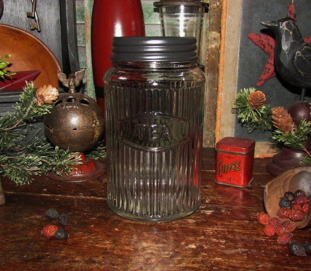 Primitive Antique Vtg Style HOOSIER Ribbed Glass Tea Jar Canister w/ Lid AS IS