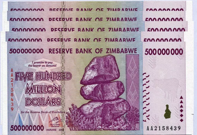 Simbabwe 500 Millionen Dollar x 5 Banknoten AA/AB Serie 2008 P82 UNC Geldscheine