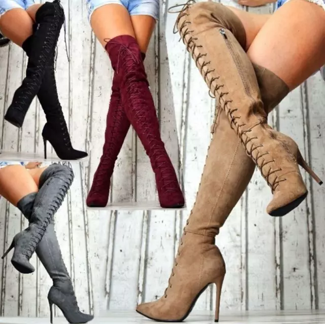 Womens Sexy Lace Up Over Knee Thigh Boot Pointed Toe Zipper Suede High Stilettos