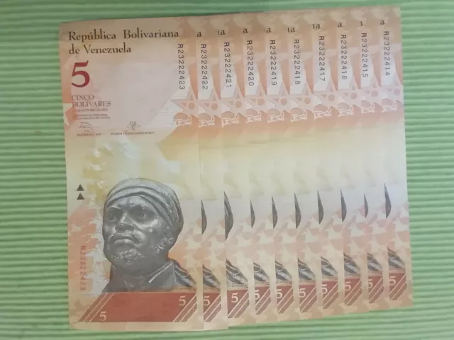 Banknoten Venezuela, 10 x 5 Bolivares, 2013, unc., consec. numbers