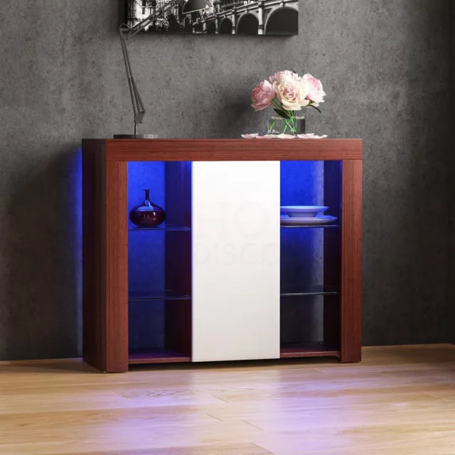 Azura LED Sideboard 1 Door Large Storage Cupboard Cabinet Modern Walnut White