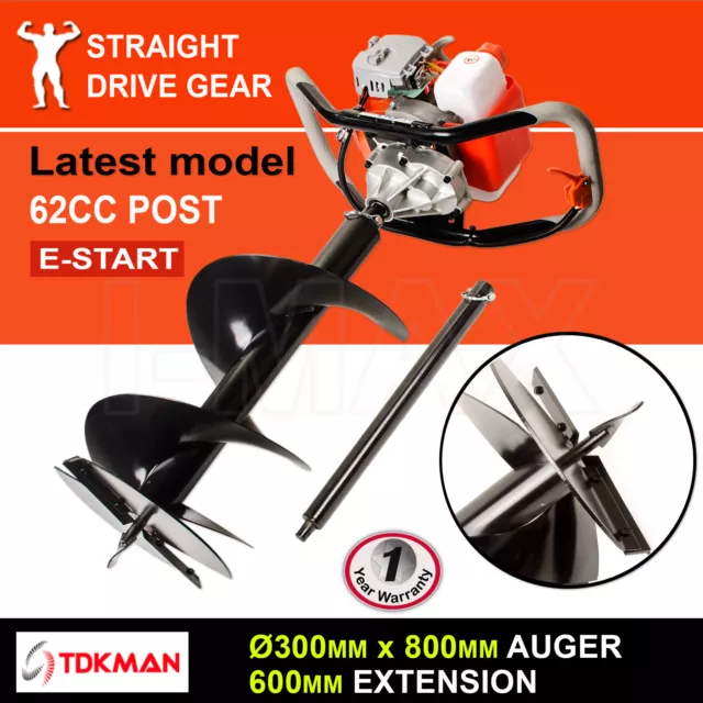 62CC TDKMAN Petrol Post Hole Digger Earth Auger 300mm Drill 600mm Ex Fence Borer