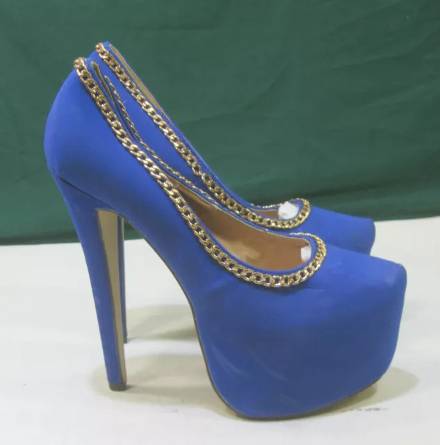 new Blue/Gold Chain 6.5"Stiletto High Heel 2"Platform Sexy Shoe Women Size 8.5