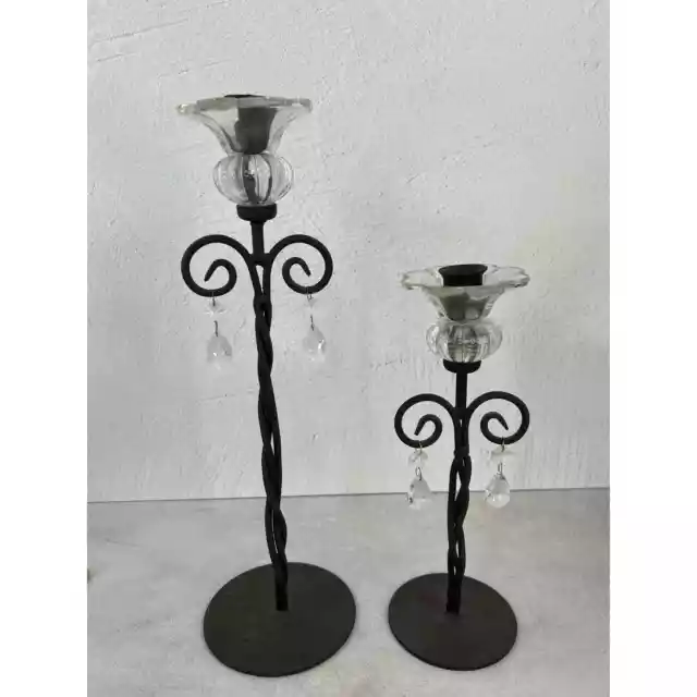 Wrought Iron Scroll Candle Holders Glass Ornate Decorative Pair