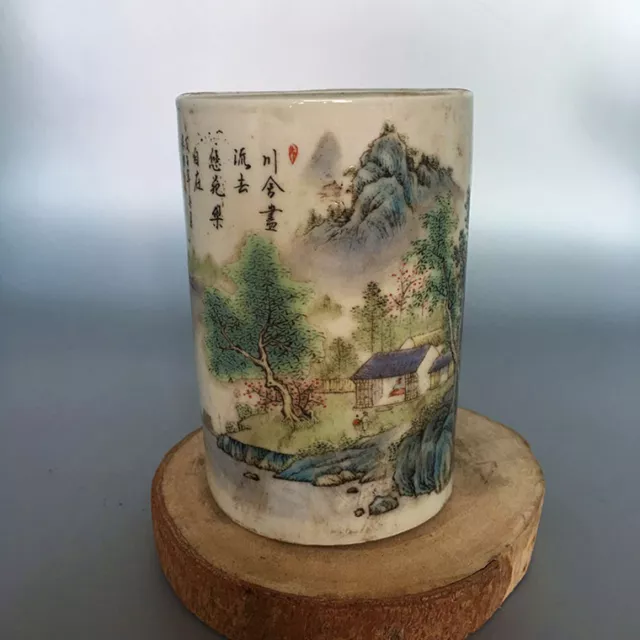 Chinese Old Marked Famille Rose Colored Landscape Pattern Porcelain Brush Pot 2