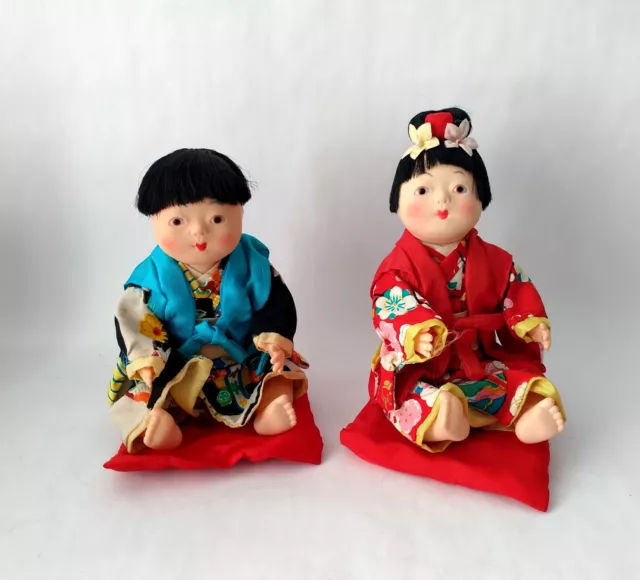 Vintage Japanese Gofun Dolls Boy and Girl Plastic Dolls In Kimoto with Pillows