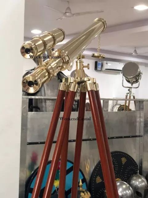 60" Nautical Brass Floor Standing Double Barrel Telescope with Tripod Vintage