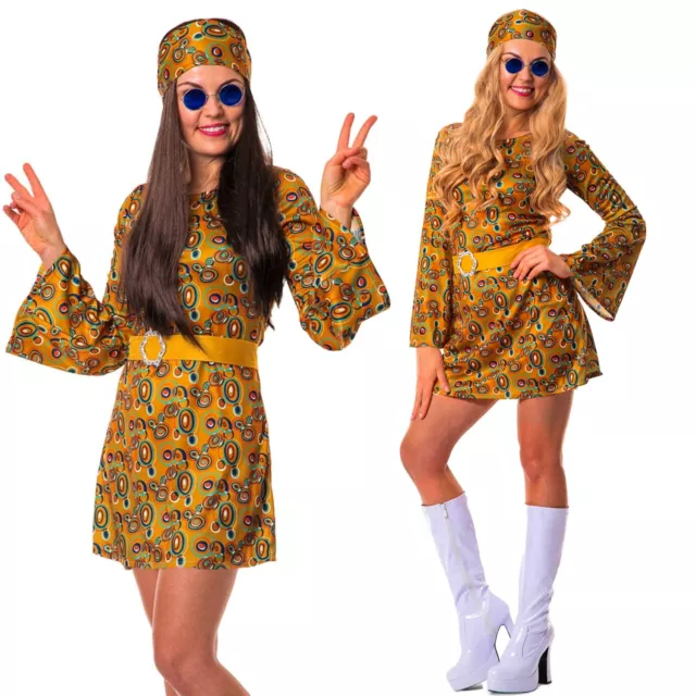 60s 70s Hippy Chick Costume Gogo Fancy Dress Ladies Hippie Retro Woodstock