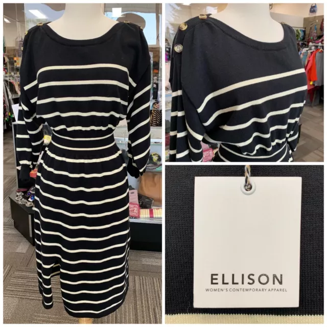 NWT Women's Ellison Sweater Dress w/ Button Shoulder Detail, Size:M, Black/Cream