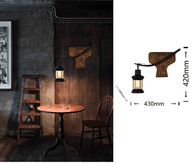 Applique da parete luce led E27 lanterna nero in metallo legno design vintage