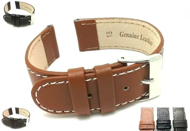 Genuine Leather Watch Strap Band Mens Ladies Stainless Steel Buckle