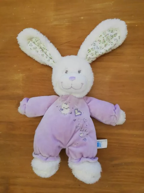 Doudou  Peluche TeX Baby Lapin blanc violet mauve coeur oiseau love Pyjama