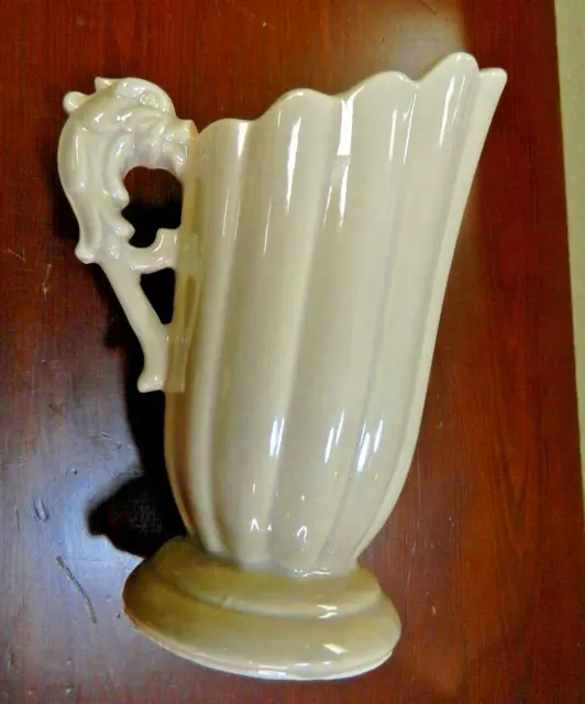 Vintage Shawnee Pottery Beige Glaze USA Dolphin Dragon Handle Pitcher Vase #828