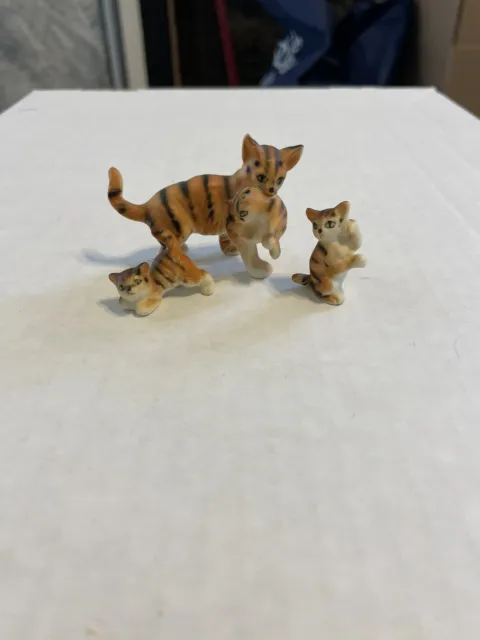 1960's 3 vintage black cats miniature bone china japan mom with 3 kittens