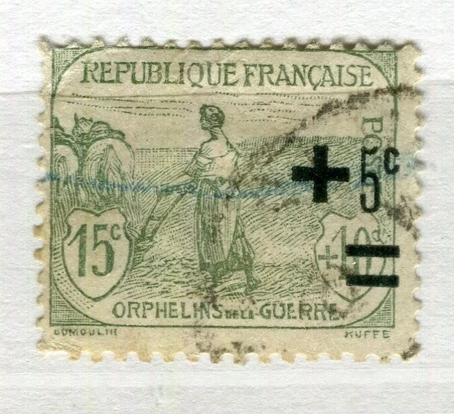FRANCE; 1922 early War Orphans surcharged issue fine used 15c. value