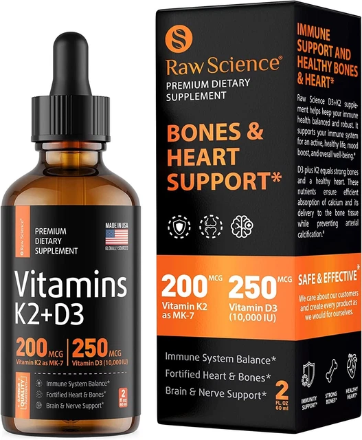 Raw Science Vitamin D3 + K2 Supplement Drops Liquid D & MK7 w/ Coconut Oil 2oz