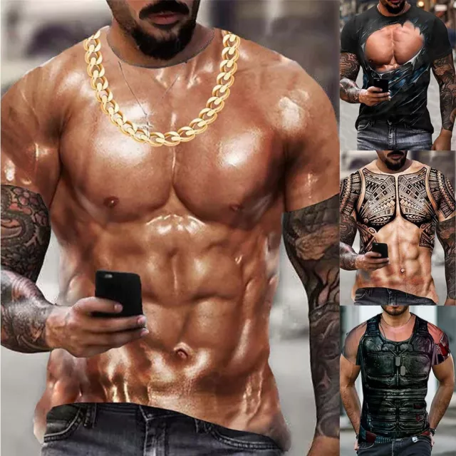Herren 3D-Muskel Tattoo-Druck T-Shirt Kurzarm Digital Gedruckt Tops Tee M-3XL