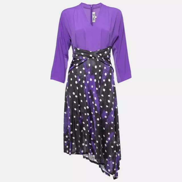 Diane Von Furstenberg Purple Printed Jersey & Crepe Asymmetrical Midi Dress S