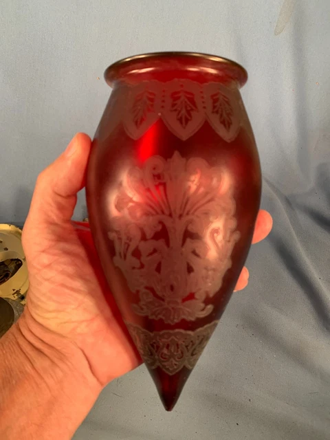 Victorian Ruby Red Floral Acid Etched Electric Bullet shaped Shade c1920s 8"Tall