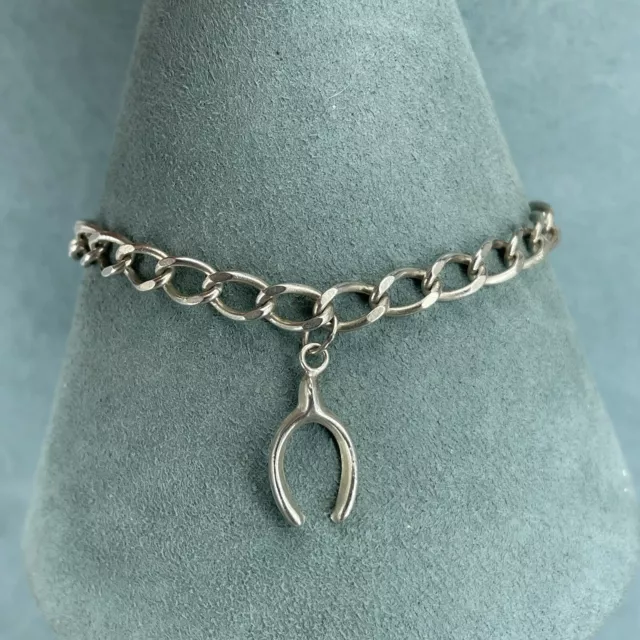 925 Sterling Silver Bracelet Oval Link Chain Wishbone Charm 7.5”