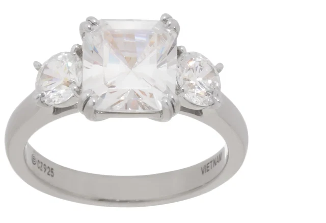Diamonique CZ Radiant Prong Three Stone Ring Size 7 Sterling Silver