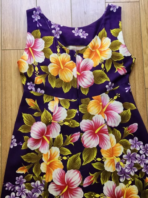 Vintage 60s Hawaiian Purple Tropical Floral Bark Cloth Maxi Dress (12)