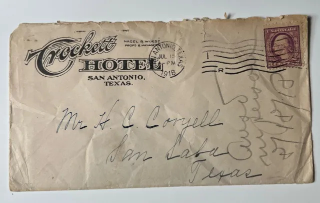 antique 1918 SAN ANTONIO TEXAS Crockett HOTEL Envelope San Saba