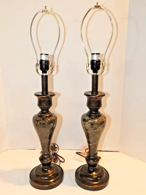 Pair Art Deco Lamps Brown Marble Look Mid Century 27.5"h