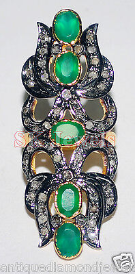 2.10ct Rose Cut Diamond Antique Look 925 Silver Emerald Gemstone Cocktail Ring