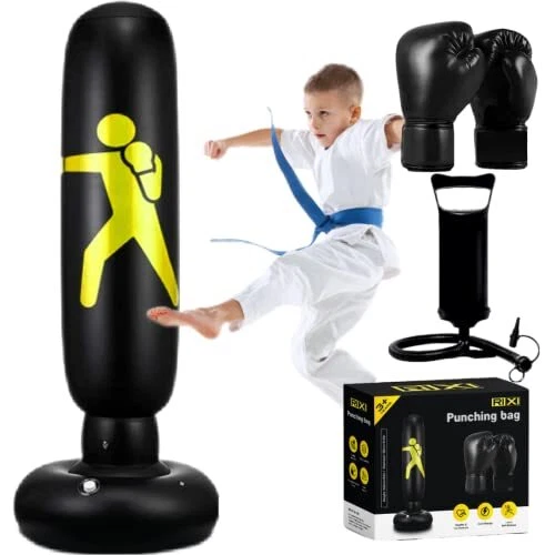 Kids Punching Bag Set – 63” Inflatable Boxing Bag with Gloves, Manual Pump,